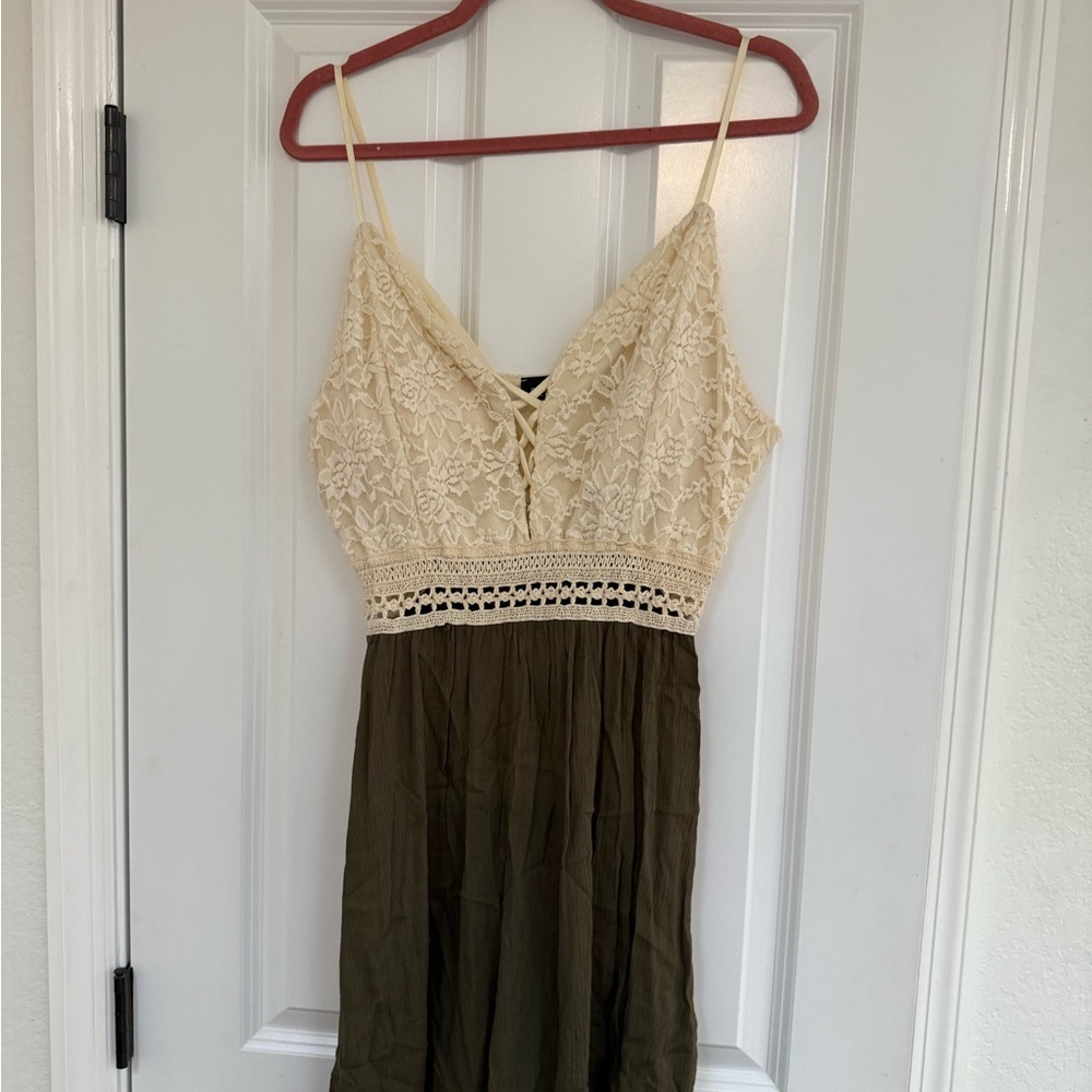 Sky Cream Lace Bodice Midi Dress with Olive Skirt